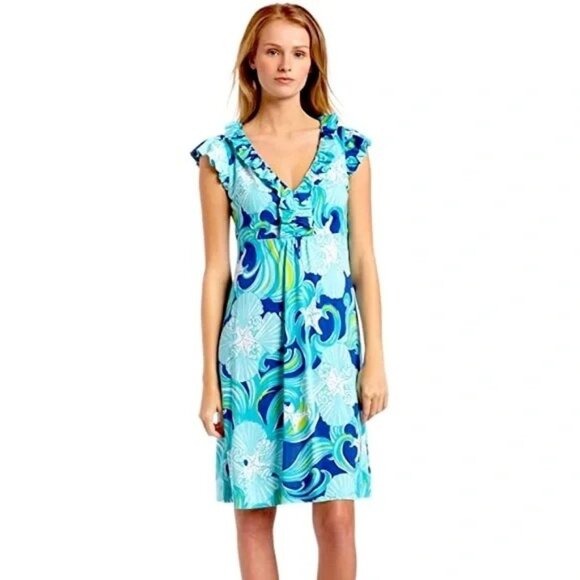 Lilly Pulitzer Claire Dress Sea-Inspired Print Ruffled V-Neck Medium - Picture 1 of 6